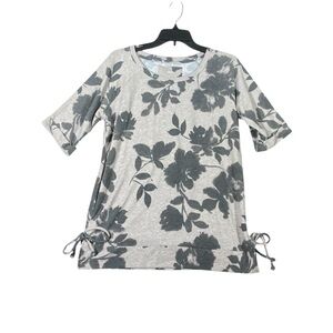 Sonoma Floral Tunic Top Women's S Gray Short Cuffed Sleeves Side Ties Casual